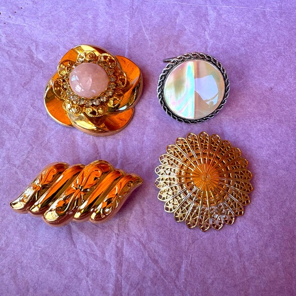 Vintage Accessories - Estate Lot Scarf Clips Mother of Pearl, Pink Stone & Rhinestones, Gold Sunburst
